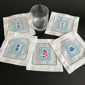 Embroidered Mahjong Cocktail Napkin Set of 5 with FREE shipping