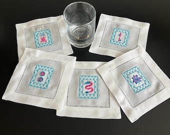 Embroidered Linen Mahjong Cocktail Napkins, Set of 5