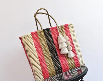 Mexican Handwoven XL Tote with recycled plastic 45*40*17 cm Perfect for beach, travel, books, gym, farmer&#39;s market, laptops WHOLESALE Too