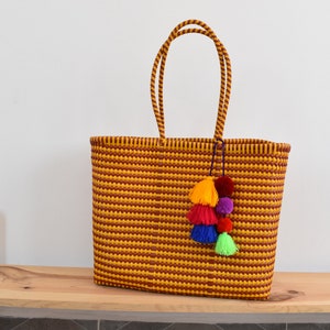 XL bag with woven pompom included. Mexican handicraft bag. Handwoven with plastic. Wholesale TOO!!* we can combine shipping