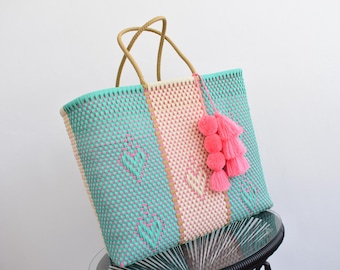 XL Tote Bag 45*40*17 cm Mexican handwoven bag with recycled plastic - Beach Bag - Grocery Bag - Includes 1 AVAILABLE pompon. Wholesale Too