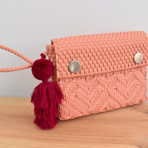 Wristlet Wallet. Handwoven bag. Mexican bag handwoven with plastic. wholesale TOO!! 10.5*8*1 inches. Pom Poms Included