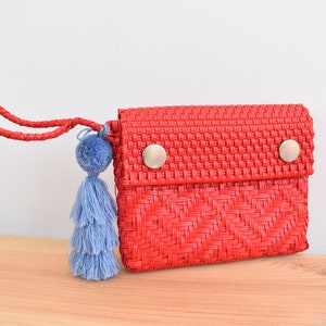 Wristlet Wallet. Handwoven bag. Mexican bag handwoven with plastic. wholesale TOO!! 10.5*8*1 inches. Pom Poms Included