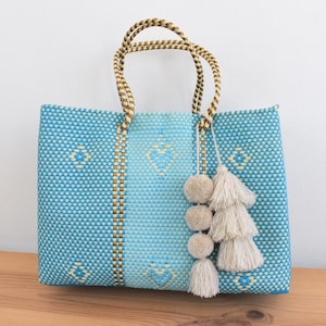 Bolsa grande 45*35*14 cm Bolsa mexicana feita à mão com plástico reciclado - Linda bolsa de praia - Pompom incluso - Nós lidamos com atacado