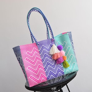 Bolsa Grande 45*35*14 cm Bolsa mexicana tejida a mano con plástico reciclado - Hermosa Bolsa de Playa - Bolsa de mercado - Manejamos Mayoreo