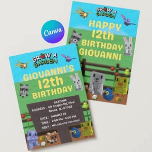 以下が含まれることがあります： マインクラフトをテーマにした2つの誕生日パーティー招待状。招待状には「Happy 12th Birthday Giovanni」と「Grow a Garden」の文字が記載されています。招待状は青い空の背景と漫画の動物グラフィックが特徴です。
