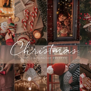 May include: A collage of images featuring a Christmas theme. The images include a cosy scene with hot chocolate, candy canes, and a newspaper, a window with a couple looking out, a gingerbread house, a child in a red hat, and a person holding a gift box.