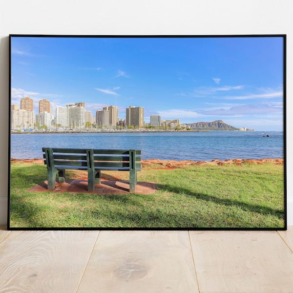 Diamond Head and Waikiki view from a Park Bench, Hawaii Photography, Print, Wall Art, Digital Download, Hawaiian, Wanderlust Decor, Oahu Art