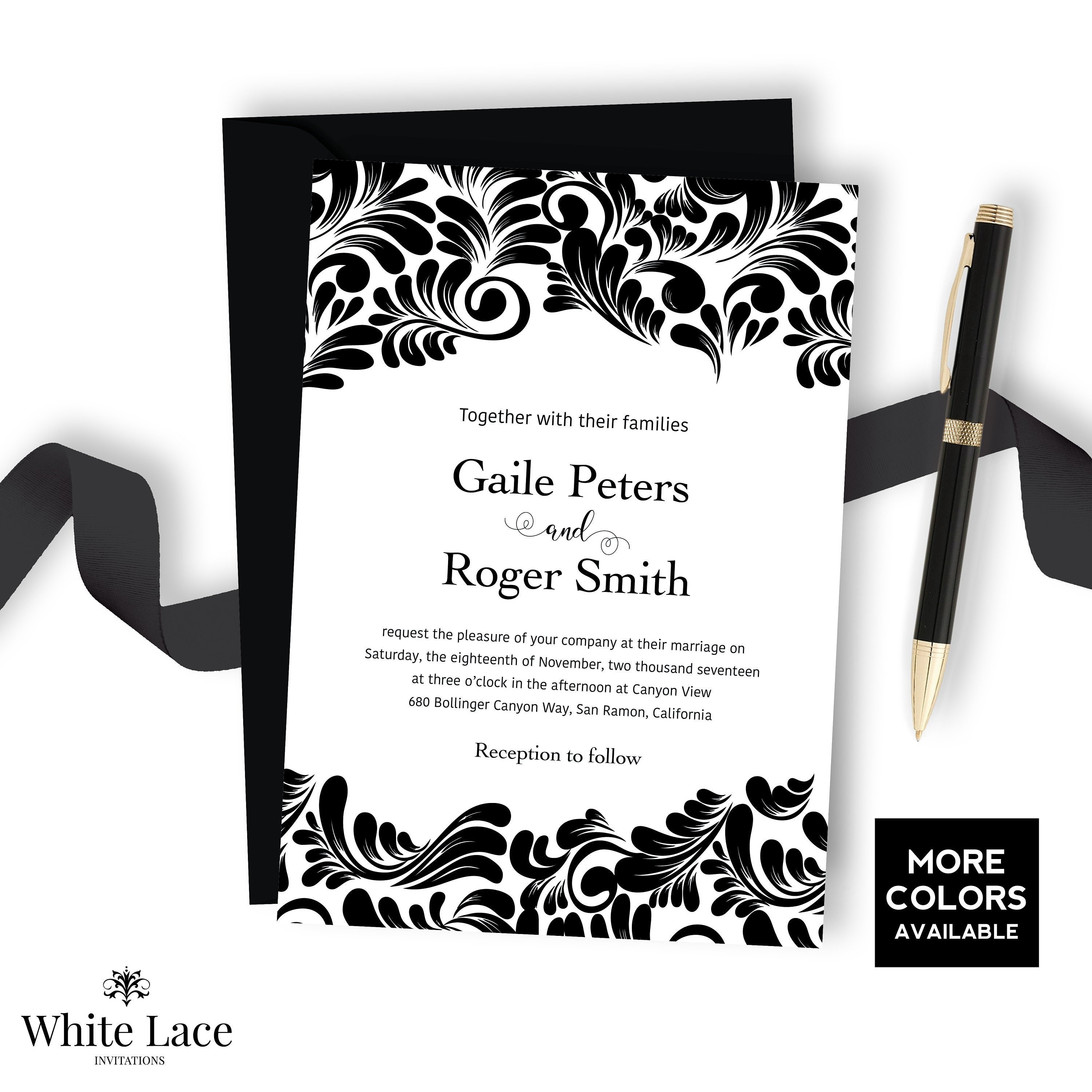 Black Damask Wedding Invitation Printable Wedding Invitation Etsy