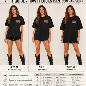 May include: Black unisex t-shirts with the text "Cowgirls From Hell" in red. The image shows size comparisons for fitted, relaxed, and oversized fits, with a size chart detailing measurements in inches and centimeters.