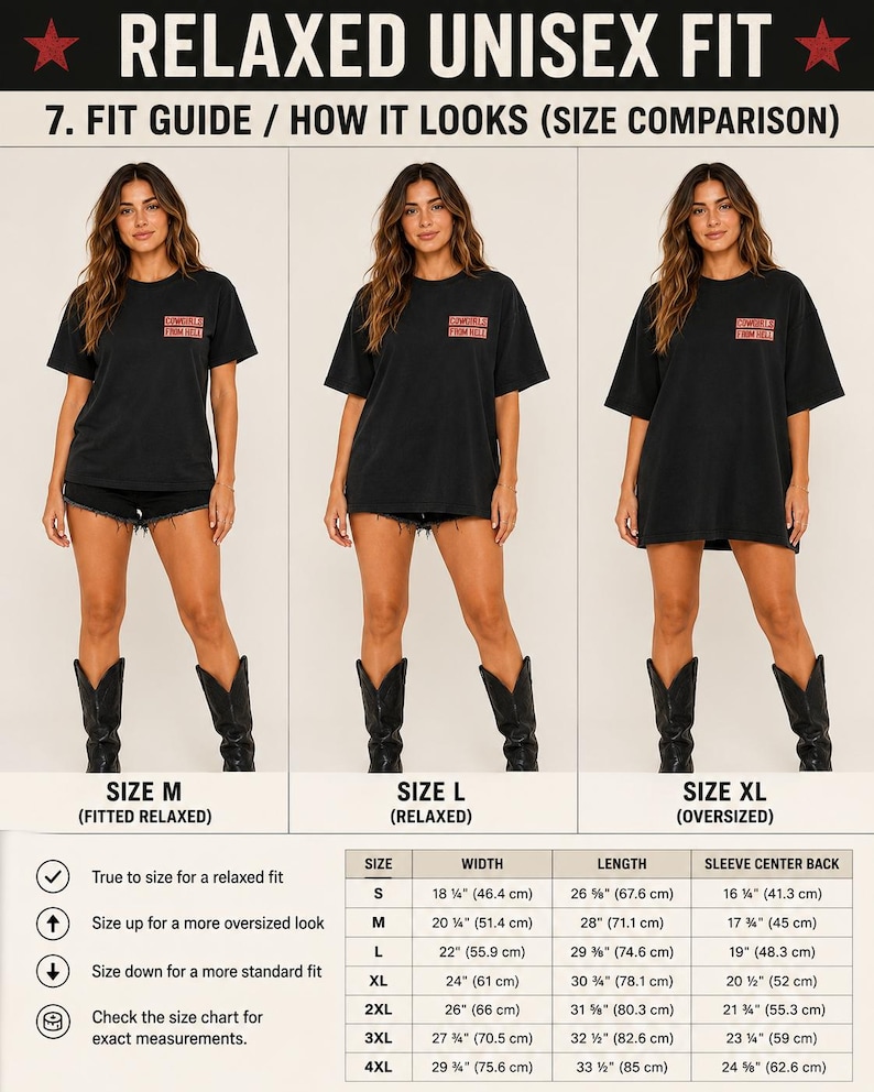May include: Black unisex t-shirts with the text "Cowgirls From Hell" in red. The image shows size comparisons for fitted, relaxed, and oversized fits, with a size chart detailing measurements in inches and centimeters.