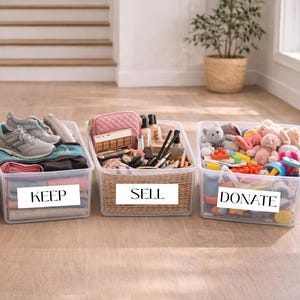 Opruimlabels | Declutter-startset | Keep Donate Verkopen Prullenbaketiketten | Sorteerlabels voor organisaties | Minimalistische huisorganisatie