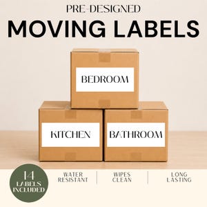 May include: Three brown cardboard moving boxes stacked together, each featuring a white rectangular label with black text reading BEDROOM, KITCHEN, or BATHROOM. The image includes text stating PRE-DESIGNED MOVING LABELS and 14 LABELS INCLUDED.