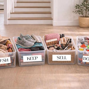 May include: Four clear plastic bins labeled "TRASH", "KEEP", "SELL", and "DONATE" sit on a wooden floor. The bins contain items like clothing, shoes, cosmetics, and toys. A straw hat is in the "TRASH" bin. A plant in a woven pot is in the background.
