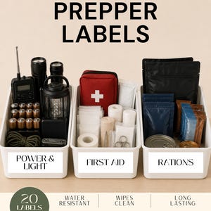 May include: Three white rectangular storage bins containing emergency supplies, each with a white adhesive label. The labels are printed with the text POWER & LIGHT, FIRST AID, and RATIONS. The bins hold flashlights, batteries, medical kits, and food.