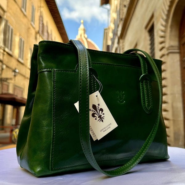 Italian Green Leather Tote Bag – Handmade Women’s Handbag from Florence, Made in Italy