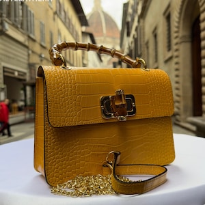 Italian Handmade Leather Tote Bag for Women, Yellow Cowhide Crossbody Bag, Luxury Italian Fashion, Small Genuine Leather Purse
