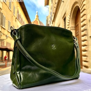 Bolso de hombro de piel italiana hecho a mano, elegante bolso verde para mujer.