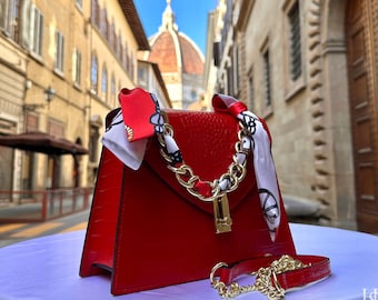 Italienische handgemachte Ledertasche für Frau, rote Ledertasche, Made in Italy