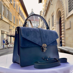 Cabas en cuir italien fait main : élégant sac bleu marine de Florence
