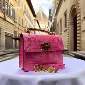 Italienische handgemachte Ledertaschen für Frau l l Elegante Ledertasche aus Florenz, made in Italy, Pink Mini Tasche