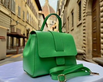 Bolsos de cuero italianos hechos a mano para mujer l l Elegante bolso de cuero de Florencia, bolso de cuero verde