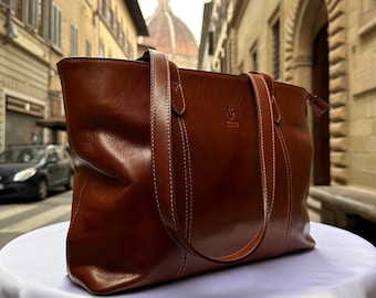 Sacs en cuir italiens faits à la main pour femme l l Fourre-tout en cuir élégant de Florence, fourre-tout en cuir marron