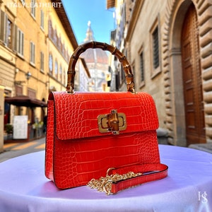 Bolsos de piel italianos hechos a mano para mujer / Elegante bolso de piel florentino / Bolso naranja / Diseño elegante