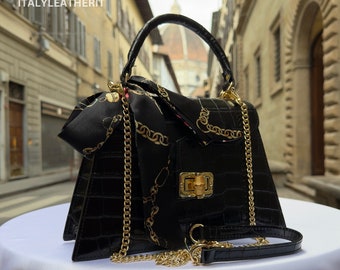 Italian Handmade Leather Bags For Woman , Elegant Leather Tote From Florence with scarf