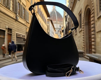 Italienische handgefertigte Ledertaschen für Damen l l Elegante Ledertasche aus Florenz, hergestellt in Italien, schwarze Tasche