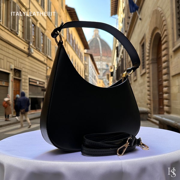 Italienische handgefertigte Ledertaschen für Damen l l Elegante Ledertasche aus Florenz, hergestellt in Italien, schwarze Tasche