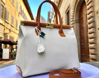 Italian Handmade Leather Bags For Women l l Elegant Leather Tote From Florence, white brown bag, Lock bag