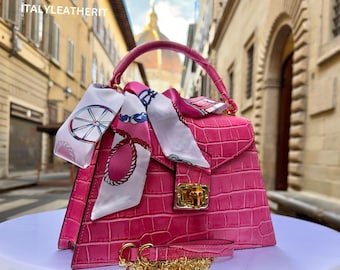 Pink Italian Leather Tote Bag – Elegant Top Handle Purse with Scarf – Handmade in Florence