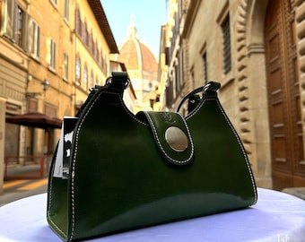 Italian Handmade Leather Bags For Woman, Green Tote From Florence, Made In Italy