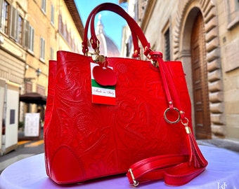 Italian Handmade Leather Bags For Woman  From Florence, Made in Italy, Red tote