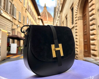 Bolso bandolera de piel italiana: bolso tote negro hecho a mano, Florencia