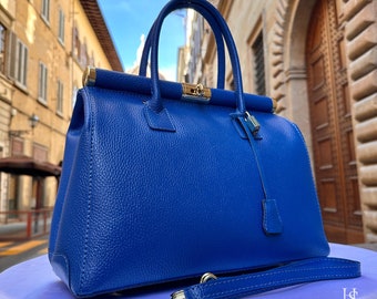 Italian Handmade Leather Bags For Women l l Elegant Leather Tote From Florence,  Lock bag, Blue bag