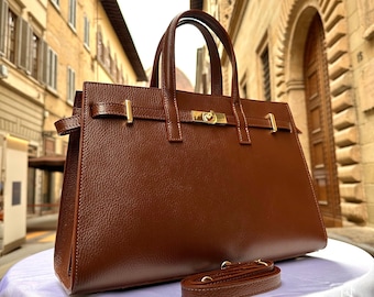 Bolsa tote de couro marrom escuro feita à mão na Itália, bolsa de couro genuíno fabricada na Itália.