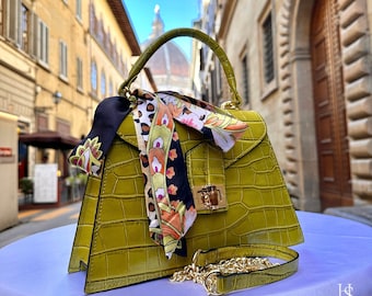 Y2K 00s Vintage Lime Green Leather Twin Handle Bag by Francesco