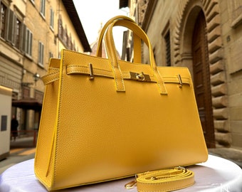 Italian Handmade Leather Bags for Women | Elegant Tote & Purse from Florence, made in Italy, Yellow Leather tote