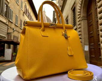 Sacs en cuir italiens faits main pour femme l l Élégant fourre-tout en cuir de Florence, jaune, sac à cadenas