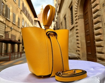 Handmade Italian Leather Bucket Bag: Elegant Women's Tote Purse, yellow purse