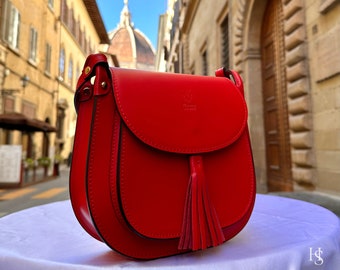 Italian Handmade Leather Bags For Women | Elegant Leather Tote From Florence | Red Crossbody Bag