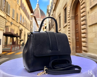 Sacs en cuir italiens faits main pour femme l l Élégant fourre-tout en cuir de Florence, sac bleu marine