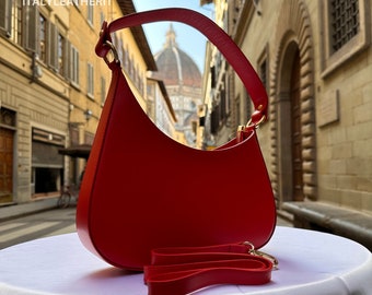 Italian Handmade Leather Bags For Woman l l Elegant Leather Tote From Florence , red tote