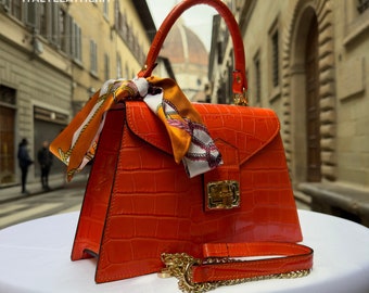 Orange  Italian Leather Tote Bag – Elegant Top Handle Purse with Scarf – Handmade in Florence