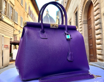Italian Handmade Leather Bags For Woman l l Elegant Leather Tote From Florence, Purple bag, Lock bag