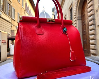 Italian Handmade Leather Red Bag for Women, Elegant Leather Tote with Lock and Key