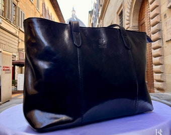 Italian Handmade Leather Bags For Woman l l Elegant Leather Tote From Florence, Black leather Tote, shoulder bag