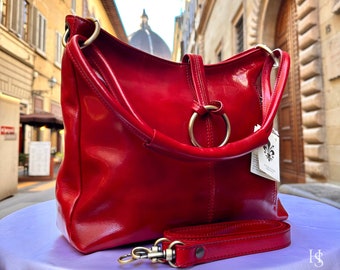 Italian Handmade Leather Bags For Woman l l Elegant Red Leather Tote From Florence, Made In Italy